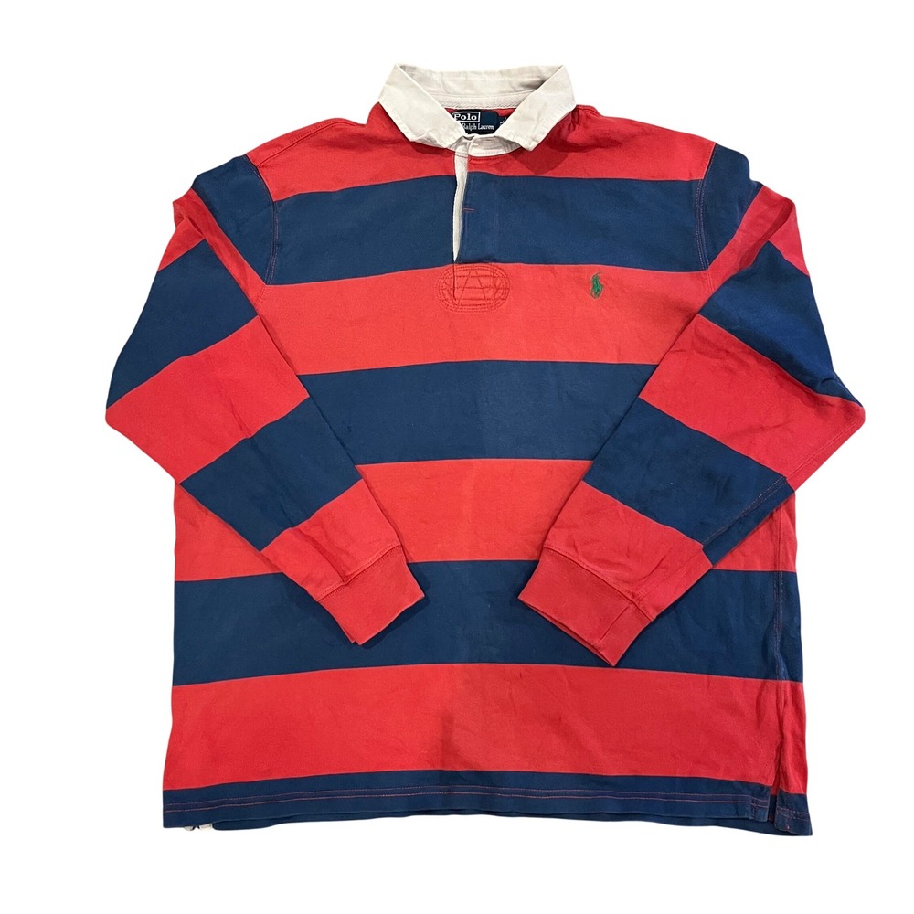 Vintage Polo Ralph Lauren Men XL Custom Fit Rugby Shirt Red Navy Blue Striped LS